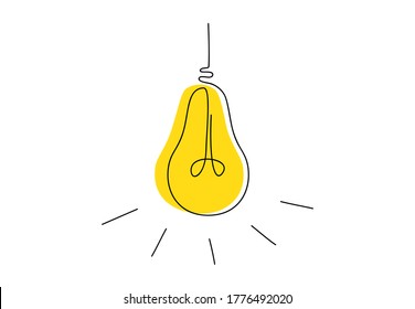 Continuous one line drawing of light bulb for logo and posters. Yellow light bulb business ideas concept. Vector illustrations isolated on white background