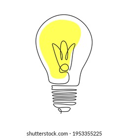 Bombilla de dibujo continua de una línea. Lámpara de estilo lino. Trazo editable. Concepto creativo de idea creativa para logo, emblema, banner web, fondo. Ilustración del vector