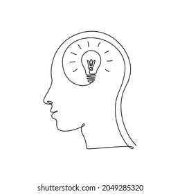 Continuous one line drawing light bulb inside head. Concept of creative idea, education and imagination in linear style. Doodle Vector illustration