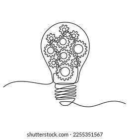 Continuous one line drawing of light bulbs with metal gears inside. can be for machine company identity. Creative automotive repair shop icon concept in doodle style.