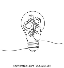 Continuous one line drawing of light bulbs with metal gears inside. can be for machine company identity. Creative automotive repair shop icon concept in doodle style.