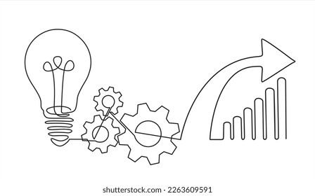 Continuous one line drawing of light bulb with a dart board and increasing up arrows bar graph.  Startup idea creative imagination jackpot highest point goals and winning education or business success