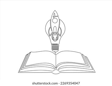 Continuous One line drawing of light bulb and rocket spaceship inside on open book, graduation for dream,imagination,creativity conceptual. Continuous line art vector illustration