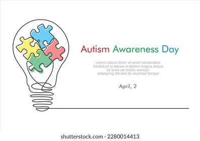 Continuous one line drawing of light bulb and puzzle. Autism awareness concept. Accept autism and understand the challenges associated with it. Help people build kinder world for unique individual