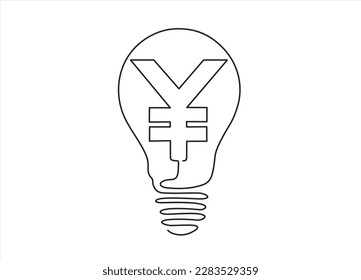 Continuous One  line drawing of light bulb with Chinese yuan sign inside. Money making idea, Creative lightbulb, Business and finance concept