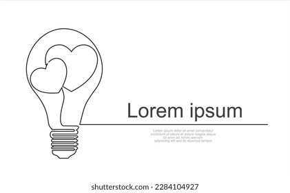 Continuous One  line drawing of light bulb with hearts inside