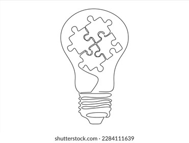 Continuous one line drawing of light bulb and grup of puzzle. inside. Puzzle game symbol and iconic business metaphor for problem solving, solution and strategy. Illustration with quote template.