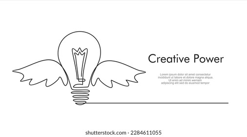 Continuous One  line drawing of light bulb with wings. Creative power concept.