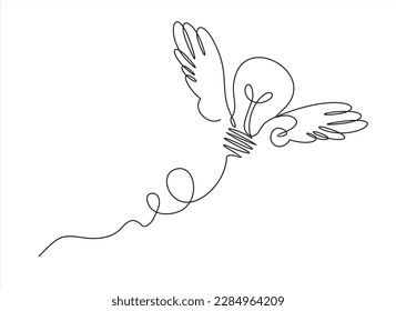 Continuous One  line drawing of light bulb with wings. Creative power concept.