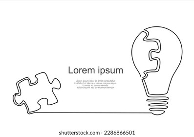 Continuous one line drawing of light bulb and grup of puzzle.  Puzzle game symbol and iconic business metaphor for problem solving, solution and strategy. Illustration with quote template.