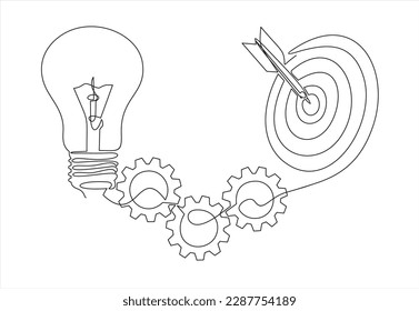 Continuous one line drawing of light bulb with a dart board and gears. Startup idea creative imagination jackpot highest point goals and winning education or business success.