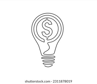 Continuous One  line drawing of light bulb with dollar sign inside. Money making idea, Creative lightbulb, Business and finance concept