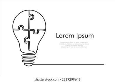 Continuous one line drawing of light bulb and grup of puzzle. inside.  Puzzle game symbol and iconic business metaphor for problem solving, solution and strategy. Illustration with quote template.