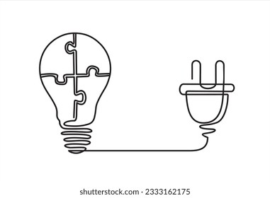 Continuous one line drawing of light bulb with plug and grup of puzzle inside. Problem solving concept with Lightbulb made of puzzle as creative solution idea, invention and innovation