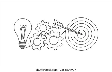 Continuous one line drawing of light bulb with a dart board and gears.  Startup idea creative imagination jackpot highest point goals and winning education or business success.