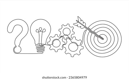 Continuous one line drawing of light bulb with a dart board and gears.  Startup idea creative imagination jackpot highest point goals and winning education or business success.