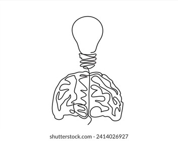 Continuous one line drawing light bulb symbol idea.The concept of thinking ideas inside the person's brain