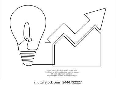 Continuous one line drawing of light bulb with increasing up arrow bar graph. Startup idea creative imagination jackpot highest point goals and winning education or business success