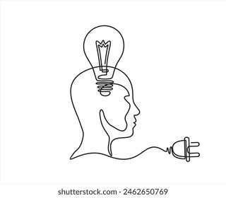 Durchgehende eine Linie ziehende Glühbirne im Kopf mit Stecker. Konzept der kreativen Idee, Bildung und Vorstellungskraft im linearen Stil. Doodle Vektorillustration