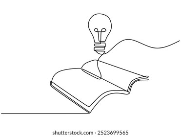 Continuous one line drawing of a light bulb placed on an open book. Emphasizes the concept of ideas and knowledge in a minimalist style.