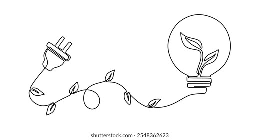 Continuous one line drawing of a light bulb connected to an electrical socket with a leaf design, symbolizing renewable energy.