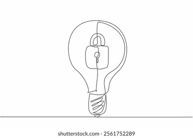 Continuous one line drawing a light bulb with a padlock inside. The brilliance of an idea that no one else can claim. World Intellectual Property Day. Single line draw design vector illustration