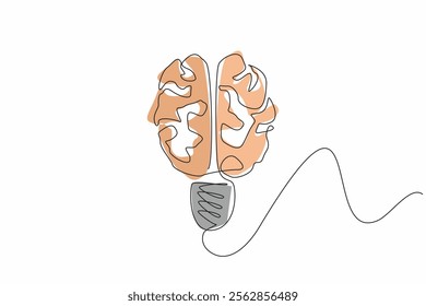 Continuous one line drawing light bulb from brain symbol. Clear brain produces the best ideas. Different thoughts. World Creativity and Innovation Day. Single line draw design vector illustration