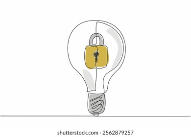 Continuous one line drawing a light bulb with a padlock inside. The brilliance of an idea that no one else can claim. World Intellectual Property Day. Single line draw design vector illustration