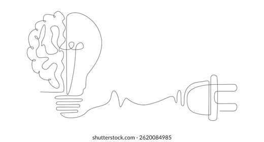 Continuous one line drawing of a light bulb with a brain on it