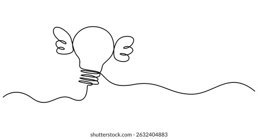 Continuous One line drawing of light bulb with wings. Creative power concept, Single continuous line drawing flying light bulb with wings. Imagination, inspiration, fantasy icon. Knowhow sign.