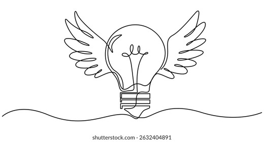 Continuous One line drawing of light bulb with wings. Creative power concept, Single continuous line drawing flying light bulb with wings. Imagination, inspiration, fantasy icon. Knowhow sign.