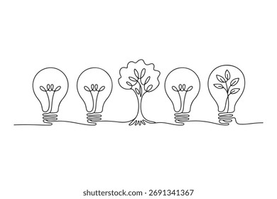 Desenho contínuo de uma linha de lâmpada com crescente planta dentro, energia ecológica e verde inovação conceito ilustração
