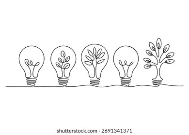 Desenho contínuo de uma linha de lâmpada com crescente planta dentro, energia ecológica e verde inovação conceito ilustração
