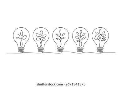 Desenho contínuo de uma linha de lâmpada com crescente planta dentro, energia ecológica e verde inovação conceito ilustração
