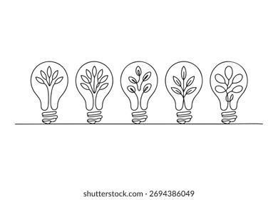 Desenho contínuo de uma linha de lâmpada com crescente planta dentro, energia ecológica e verde inovação conceito ilustração
