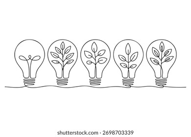 Desenho contínuo de uma linha de lâmpada com árvore dentro da ilustração do conceito ecológico
