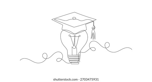 Bombilla de dibujo continuo de una línea con sombrero de graduación Concepto educativo