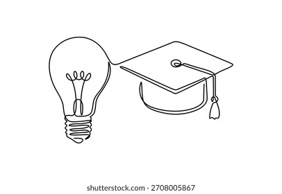 Continuous one line drawing of Light bulb and graduation cap. Creative smart idea symbol. Vector illustration isolated on transparent background