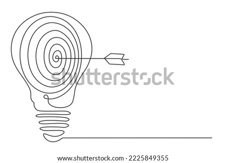 Continuous one line drawing of light bulb with a dart board.  Startup idea creative imagination jackpot highest point goals and winning education or business success.