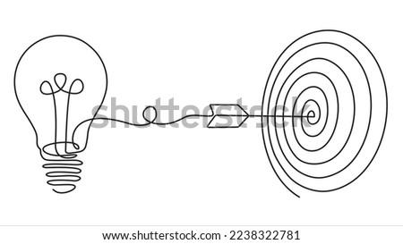 Continuous one line drawing of light bulb with a dart board.  Startup idea creative imagination jackpot highest point goals and winning education or business success.