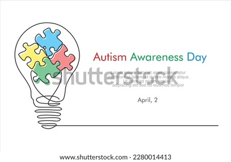 Continuous one line drawing of light bulb and puzzle. Autism awareness concept. Accept autism and understand the challenges associated with it. Help people build kinder world for unique individual