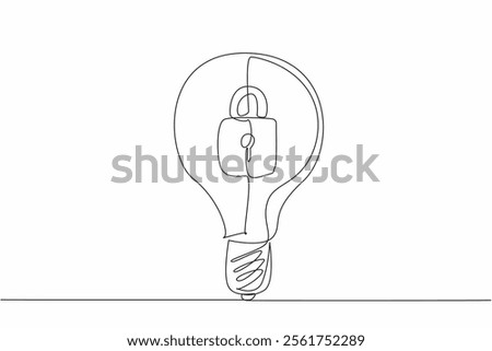 Continuous one line drawing a light bulb with a padlock inside. The brilliance of an idea that no one else can claim. World Intellectual Property Day. Single line draw design vector illustration
