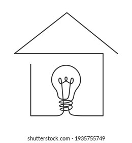 Continuous one line drawing of   lightbulb inside house, meaning symbol of ideas. Ceative problem solving. Vector illustration