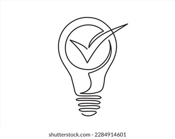 Continuous one line drawing of lightbulb with checkmark like quick tip icon. Simple lineart style trend modern development logotype art design isolated on white. 