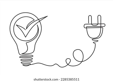 Continuous one line drawing of lightbulb with checkmark like quick tip icon and plug. Simple lineart style trend modern development logotype art design isolated on white. 