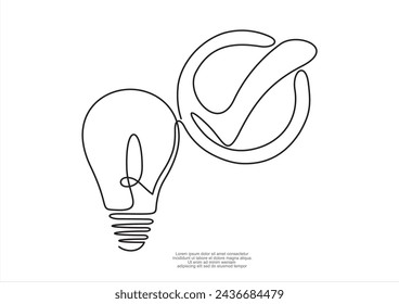 Continuous one line drawing of lightbulb with checkmark like quick tip icon. Trendy line art vector on a white background. Vector illustration.