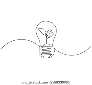 Continuous one line drawing of Lightbulb with leaf inside. Single line drawing illustration of Plant inside Lightbulb. Green energy concept vector art. Doodle line illustration.
