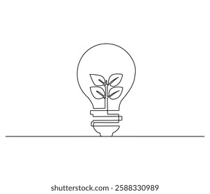 Continuous one line drawing of Lightbulb with leaf inside. Single line drawing illustration of Plant inside Lightbulb. Green energy concept vector art. Doodle line illustration.
