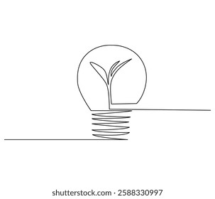Continuous one line drawing of Lightbulb with leaf inside. Single line drawing illustration of Plant inside Lightbulb. Green energy concept vector art. Doodle line illustration.
