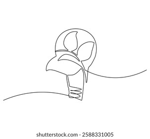 Continuous one line drawing of Lightbulb with leaf inside. Single line drawing illustration of Plant inside Lightbulb. Green energy concept vector art. Doodle line illustration.
